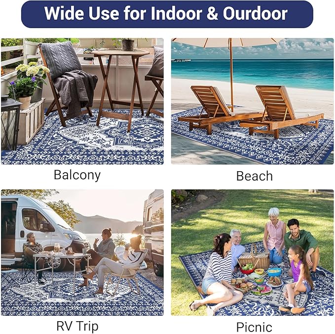 COZYLOOM 8x10 Outdoor Rug Waterproof Reversible Plastic Straw Mat, Large Dark Blue and White Vintage Medallion Patio Area Rug for Deck, Balcony, Camping, Beach, Picnic, Indoor/Outdoor Use