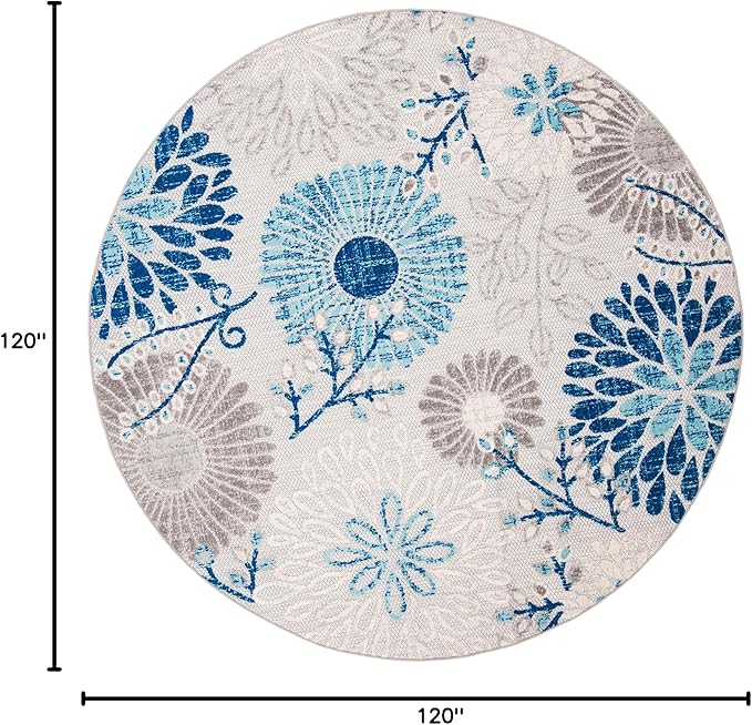 Safavieh Washable Rug Outdoor Cabana Collection - 10' Round, Grey & Blue, Non-Shedding & Easy to Clean, Ideal for Patio, Backyard, Deck, Mudroom (CBN832F)