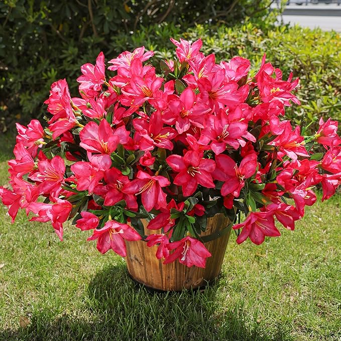 INSPRING Artificial Flowers for Outdoors Outside Decoration, 3 Bundles Spring Fake Silk Azalea Plants UV Resistant Realistic Faux Flowers for Outdoor Planter Front Door Patio Garden Home, Hotpink