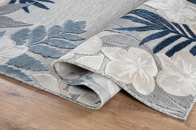 Outdoor Rug 6x9 Washable Area Rugs Indoor Outdoor Carpets Blue Border Floral Non Shedding Waterproof Easy Clean Patio Deck Porch Living Room Bedroom Garden RV (6 X 9 Blue)