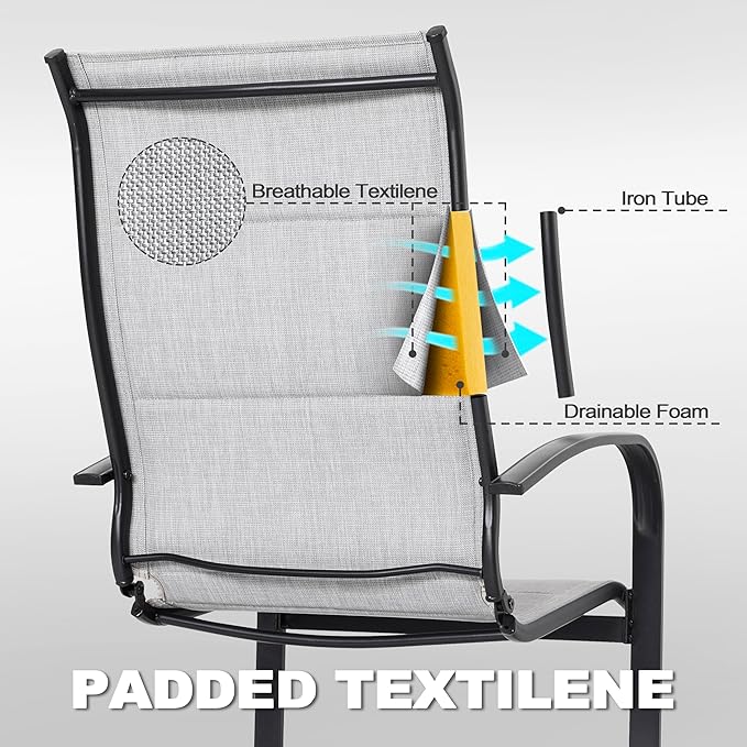 NUU GARDEN Patio Chairs Set of 4, All-Weather Padded Textilene Outdoor Dining Chairs with Spring Motion and High Back, Breathable Patio Chairs for Backyard Lawn Deck, Gray