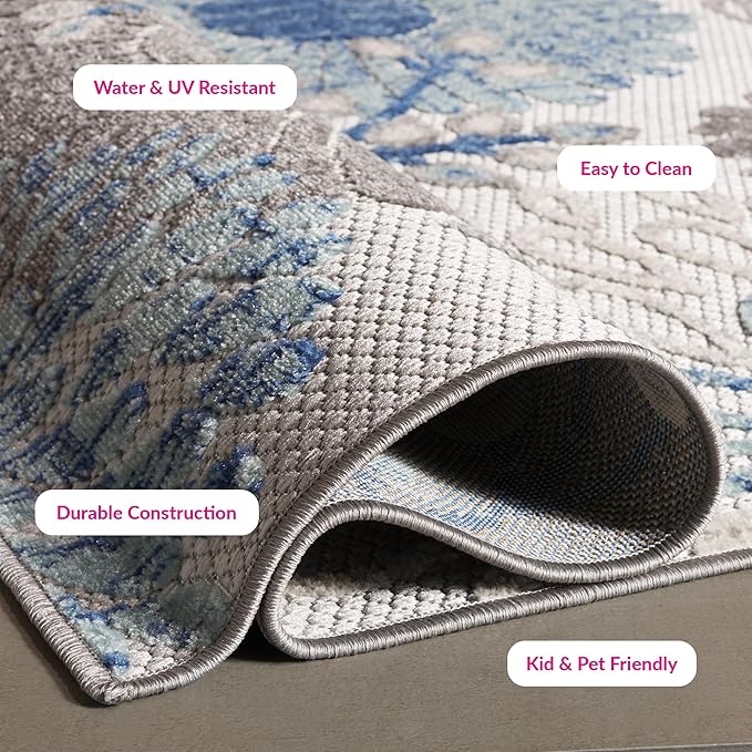 SAFAVIEH Washable Rug Outdoor Cabana Collection - 2' x 18' Runner, Grey & Blue, Non-Shedding & Easy to Clean, Ideal for Patio, Backyard, Mudroom (CBN832F)