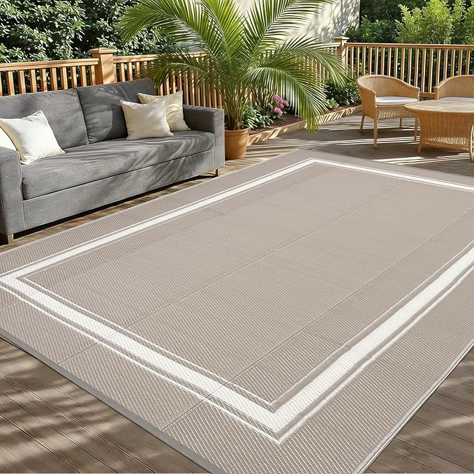 Outdoor Patio Rug 10x14 Waterproof Plastic Reversible Rug Modern UV Resistant Lightweight Camping Mat Contemporary Bordered Outdoor Floor Mat for RV Backyard Deck Grey/White