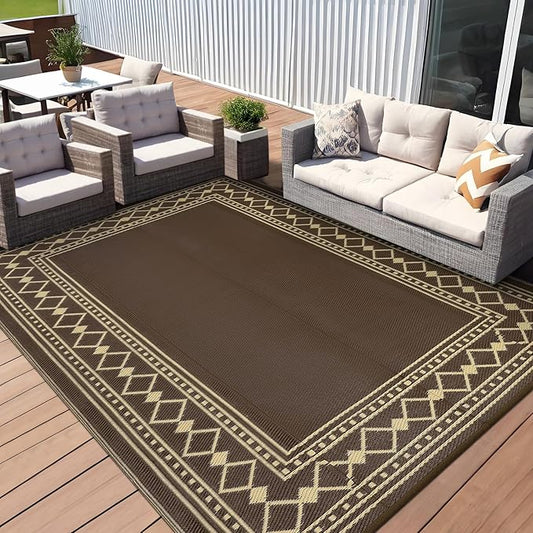 Garvee Large Outdoor Rug 10x20 Patio Rug Waterproof Plastic Straw Outdoor Carpet Washable Reversible Mat Modern Border Outdoor Rug for Camping RV Deck Porch Picnic Balcony Backyard,Brown/Coffee