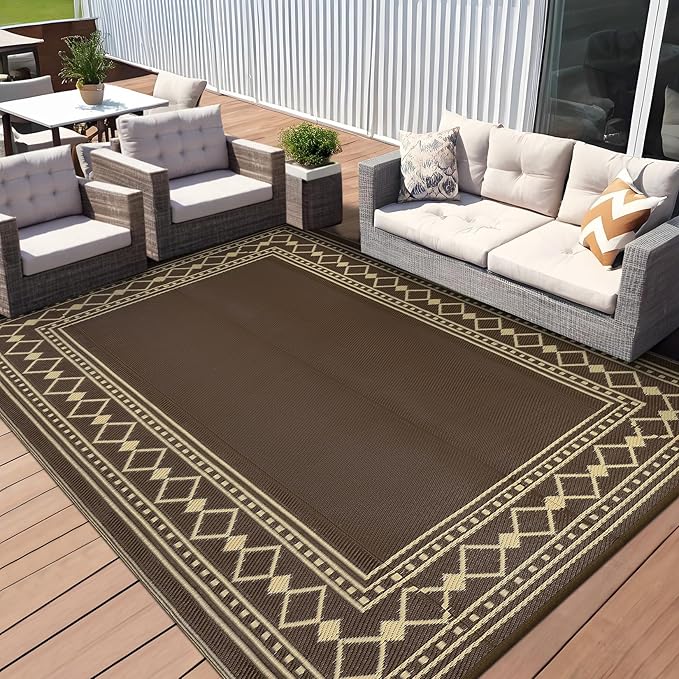 Large Outdoor Rug,9x12 Waterproof Modern Bordered Plastic Straw Carpet,Lightweight Outdoor Carpet,Easy Cleaning Folding Uv Resistant Picnic Camping Mat,Brown/Coffee