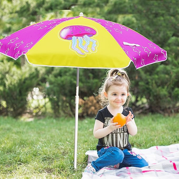 AMMSUN 5ft Seaside Umbrella for Sand Box Water Table Picnic Table - Kids Durable Umbrellas for children Beach Camping Garden Outdoor Play Shade Pink Yellow Jellyfish