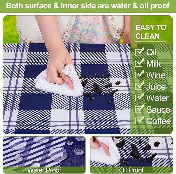 Picnic Table Cover with Bench Covers Camping Essentials Waterproof Windproof Camping Tablecloth with Drawstring Bag, Fitted Rectangle Tables and Seats, 72in, Blue Checkered