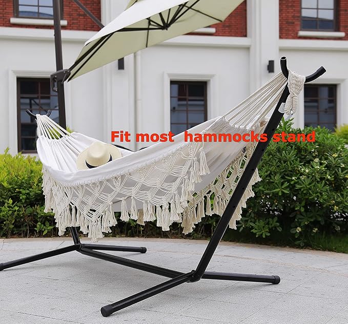 Indoor Hammock with Macrame Fringe for 2 Persons,Double Boho Hammocks with Tassels,Portable Cotton Rope Hamaca Swing with Travel Bag for Outside,Porch,Garden,Patio,Backyard,Up to 500lbs White