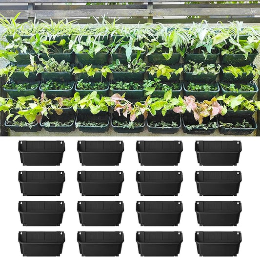 Maxona Black Color Vertical Garden Planter - 16 Pack, 13 inch Wall Mounted Planter for Patio Outdoor Decor, Home Plastic Pot Balcony Plant Vegetable Fruit Herb Hanging Pocket Holder Flowerpot