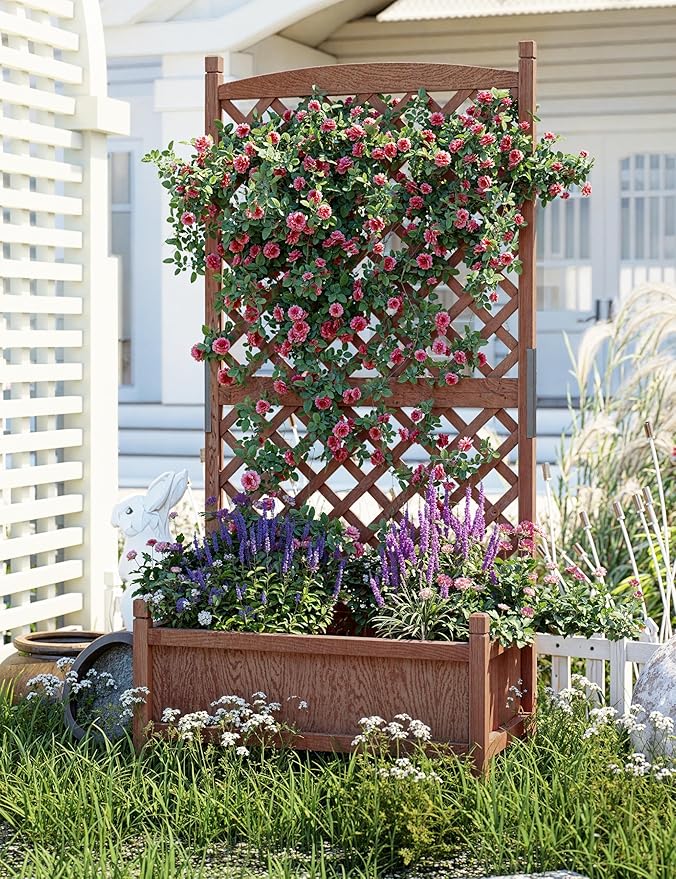 2-Pack Tall Wood Planter Box with Trellis, 29.5" h Vertical Garden on Wheels with Drainage Holes, for Climbing Plants, Herbs, Flowers in Patio & Balcony