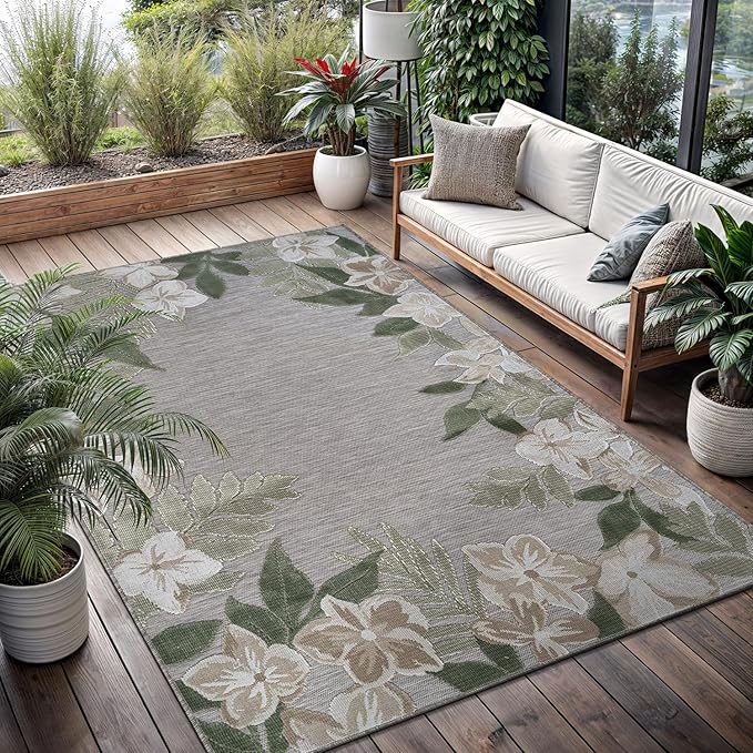 Outdoor Rug 8x10 Washable Area Rugs Indoor Outdoor Carpets Green Border Floral Non Shedding Waterproof Easy Clean Patio Deck Porch Living Room Bedroom Garden RV (8 X 10 Green)