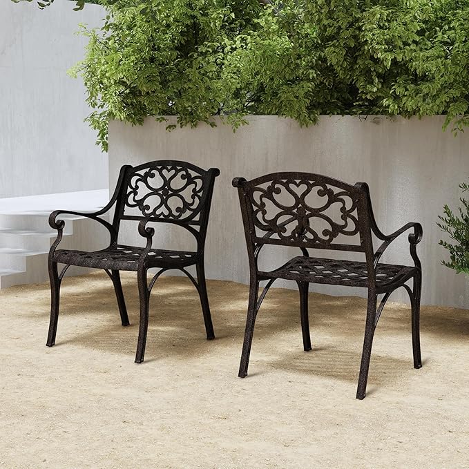 Homestyles Outdoor Cast Aluminum Chairs, 2-Pcs Set, Bronze (Set of 2) with Armrest, Patio Dining Chair Pair for Balcony, Backyard, Deck, Garden