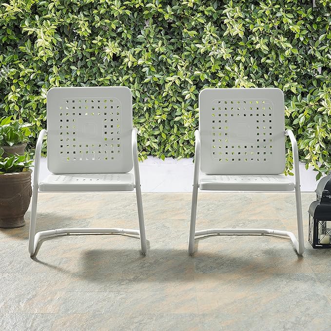 Crosley Furniture Bates 2-Piece Outdoor Chair Set, Retro Metal Patio Chairs for Dining, Porch, Deck, Balcony, White Gloss