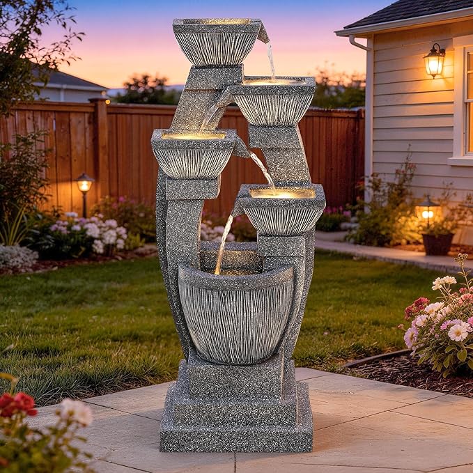 40.5" Outdoor Fountain, Four-Column & Bowls Water Feature with LED Lights, Modern Resin Soothing Cascading Waterfall for Patio, Backyard, Garden or Porch