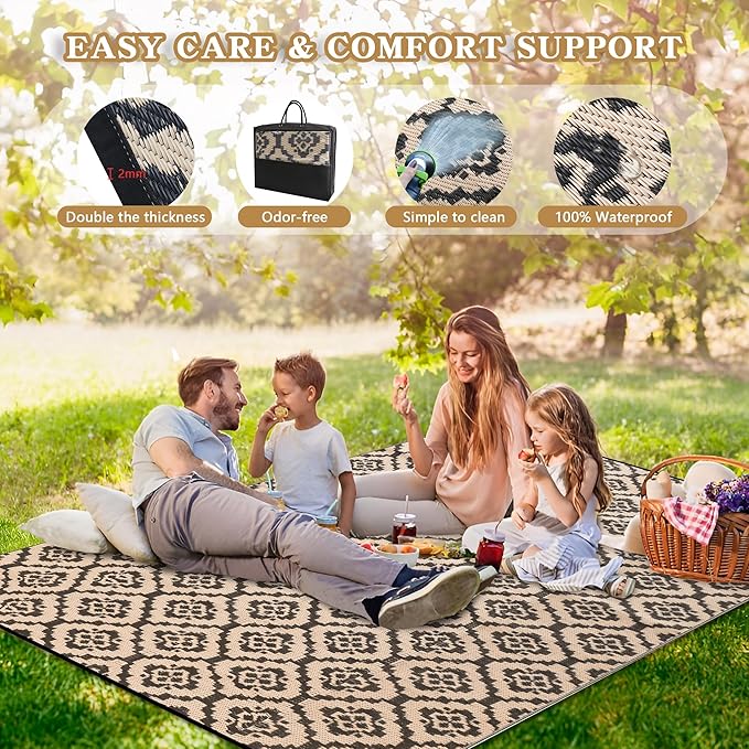 Wallona Outdoor Rugs 9x12 ft Patio Waterproof Clearance Indoor Outdoor Large Carpet for Patio Plastic Straw Reversible Area Rugs Mat for RV, Camping, Balcony, Beach, Picnic, Porch, Brick Black & Beige