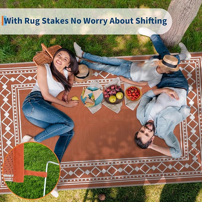 Garvee Outdoor Rug 9x18 ft, Patio Plastic Straw Rug Waterproof Reversible Patio Mat, Large Plastic Straw Rug for RV, Camping, Deck, Balcony, Easy Clean & Portable,Terracotta/White