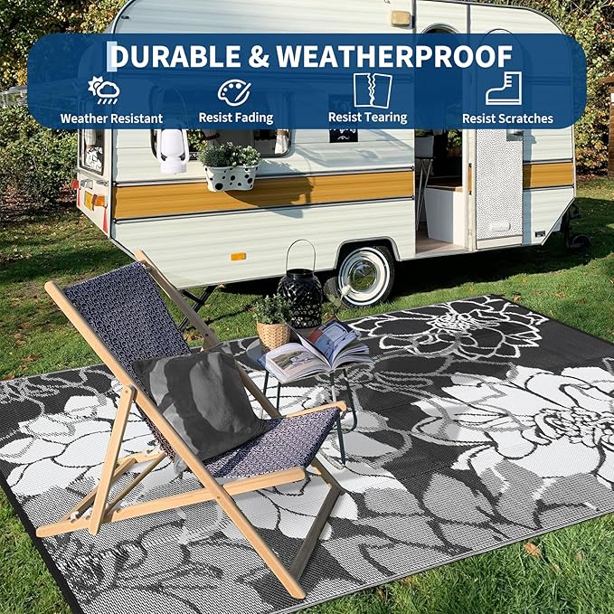 COZYLOOM Outdoor Rugs 9x12 UV Resistant Waterproof Patio Rug, Outdoor Plastic Straw Rug Reversible RV Camping Mat with Portable Bag & 4 Stakes, Modern Floral Carpet for Balcony Deck Yard, Black&White