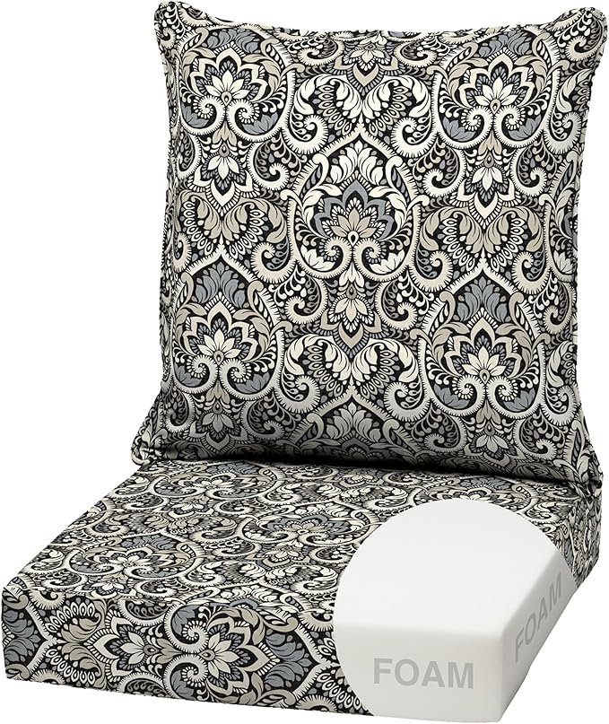 Arden Outdoor Foam Deep Seat Cushion Set, 22 in x 24 in, Weather-Proof, Rain-Proof, Fade Resistant Patio Cushion, Bottom and Back Cushion for Chair, Sofa, and Couch Black Aurora Damask
