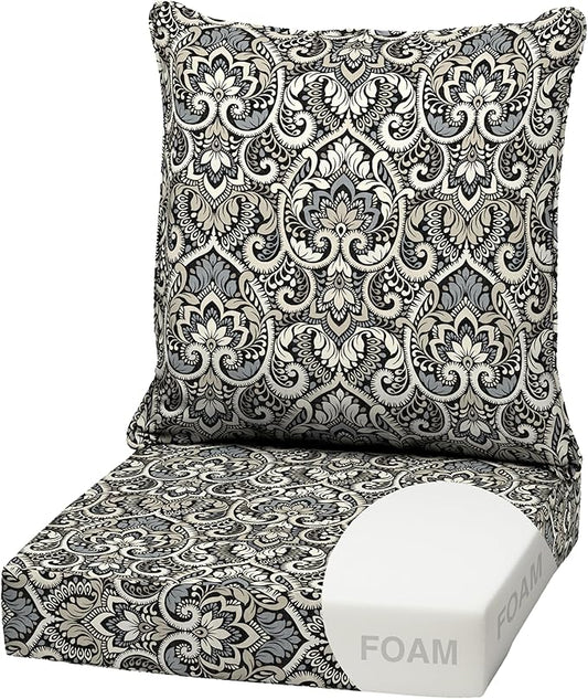 Arden Outdoor Foam Deep Seat Cushion Set, 22 in x 24 in, Weather-Proof, Rain-Proof, Fade Resistant Patio Cushion, Bottom and Back Cushion for Chair, Sofa, and Couch Black Aurora Damask