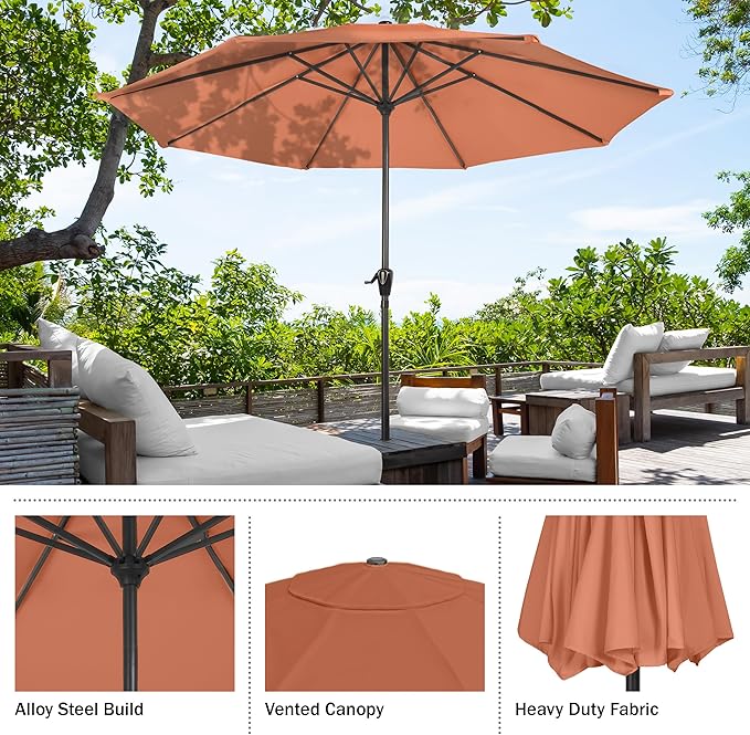 Pure Garden Patio Umbrella with Vented Canopy - 9FT Easy Crank Outdoor Umbrella for Shade - For Deck, Balcony, Porch, Backyard or Pool (Orange)