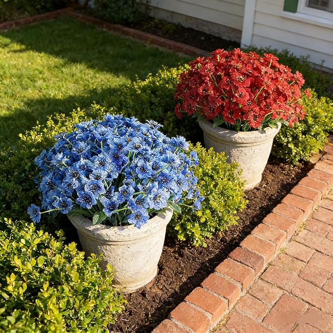 AmyHomie 20 Bundles Artificial Flowers for Outdoor UV Resistant Faux Flowers No Fade Fake Plastic Plants Garden Porch Window Box Decorating(Red)