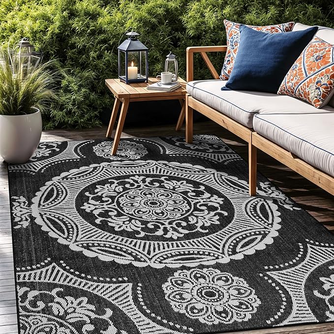 Medallion Outdoor Rug 10x14 Washable Outside Carpet for Indoor Patio Porch Waterproof Easy Cleaning Non Shedding Area Rugs Black 10 x 14
