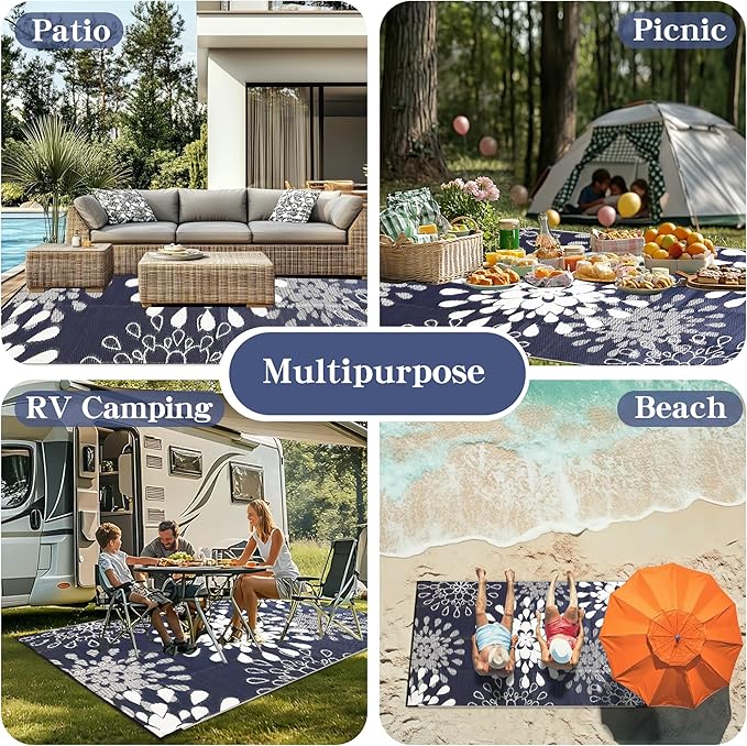 Wallona Outdoor Rugs 9x12 ft Patio Waterproof Clearance Indoor Outdoor Large Carpet for Patio Plastic Straw Reversible Area Rugs Mat for RV, Camping, Balcony, Beach, Picnic, Porch, Flower Blue & White