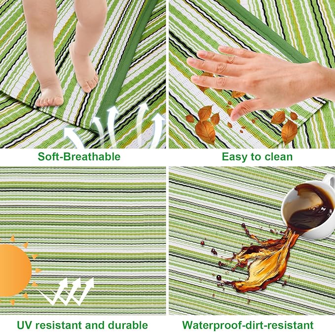 Reversible Outdoor/Indoor Plastic Rug Plastic Straw Rug Waterproof Portable Mat, Easy to Clean and Fold,Perfect for Garden, Patio, Picnic, Decking-（Green，8x10Ft）
