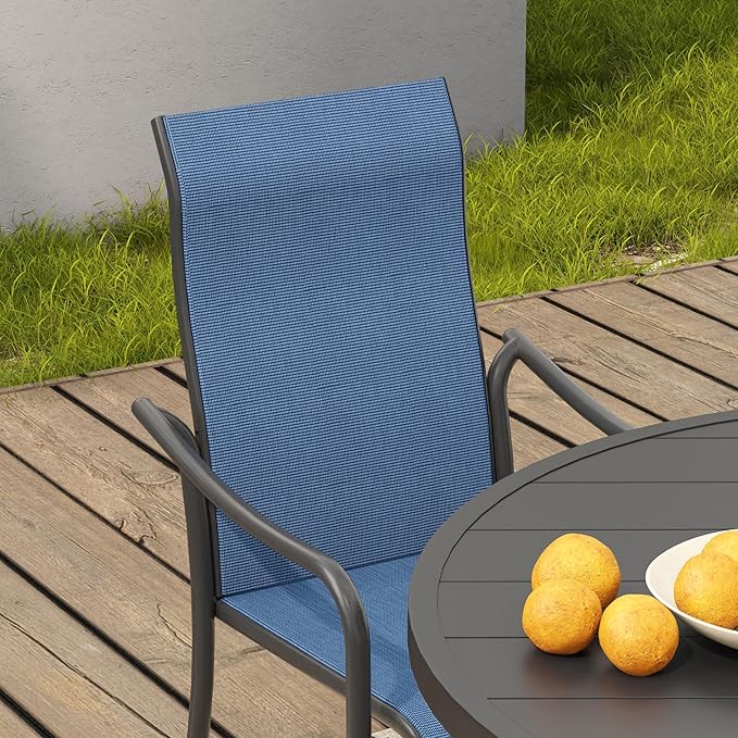 VICLLAX Patio Stackable Dining Chairs Set of 4, Outdoor Sling Chairs with Breathable Fabric and High Back for Balcony Porch Backyard, Dark Blue