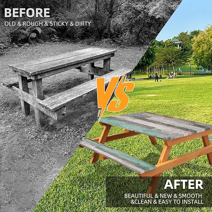 Picnic Table Cover with Bench Covers Farmhouse Waterproof Windproof Fitted Outdoor Tablecloth with Elastic Rectangle Table Cloth Camping Must Haves Rv Accessories,72x30 Inch (Wood Green)