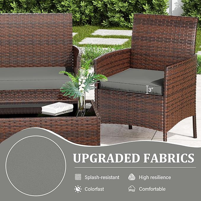 3 Pack Outdoor Replacement Cushions, Fit for 4-Seater Wicker Rattan Patio Conversation Set, 36x18x3,18x18x3, Liner & Cover