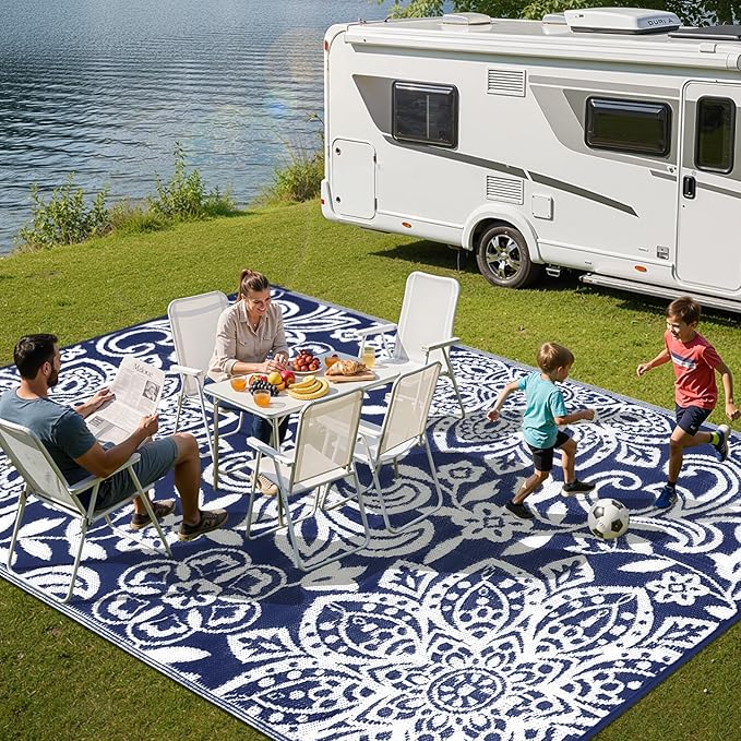Findosom Waterproof Outdoor Rug 6' x 9' - Reversible Mandala Outdoor Plastic Straw Rug, Durable Foldable Patio Rug for RV, Deck, Balcony, Backyard, Picnic, Porch, Camping, Beach, Navy