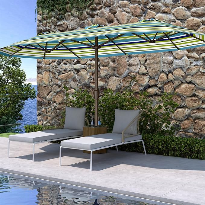 15FT Double Sided Patio Umbrella with Base Included Large Outdoor Market Umbrella with Crank Handle, UV Resistant Canopy, Sturdy Frame for Garden, Poolside, Deck, Green Stripes