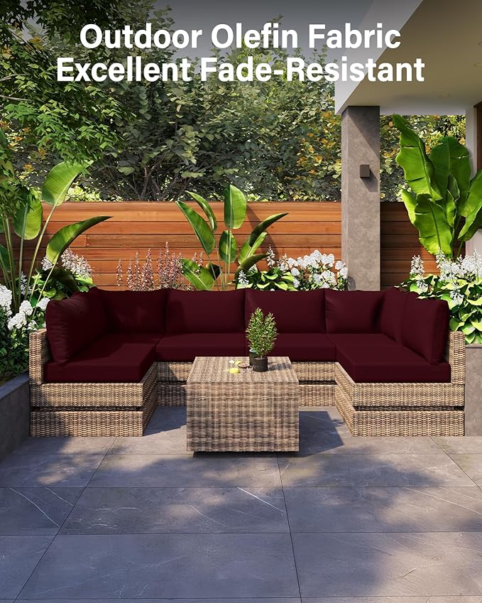 YEFU Outdoor Cushions for Patio Furniture: Replacement Cushions for Outdoor Furniture - Waterproof Couch Cushion - Fade-Resistant/Easy Clean - 14 Piece Sectional Cushion - NonSlip/Storage Bag/Burgundy