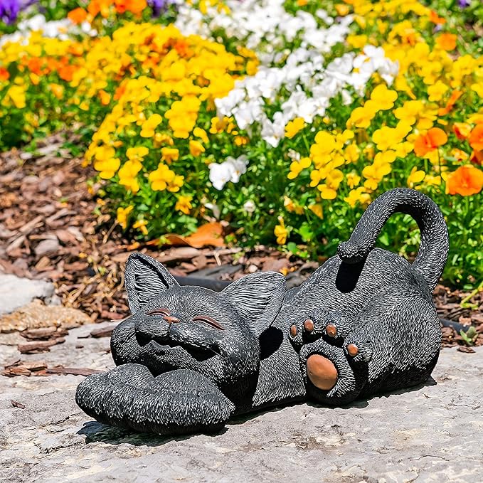 JFSM INC. 12" Whimsical Lounging Black Cat Garden Statue - Indoor Outdoor Relaxed Zen Cat Sculpture - Cat Lover Gifts, Decorations for Patio Yard Lawn Porch