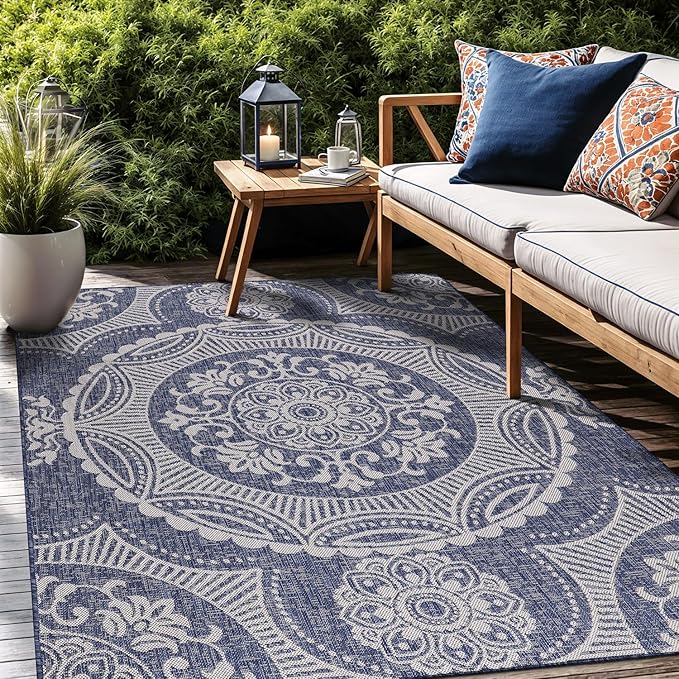 Medallion Outdoor Rug 10x14 Washable Outside Carpet for Indoor Patio Porch Waterproof Easy Cleaning Non Shedding Area Rugs Blue 10 x 14
