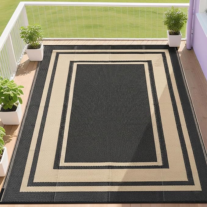 RURALITY Outdoor Rugs 8x10 Waterproof for Patios Clearance,Plastic Straw Mats for Backyard,Porch,Deck,Balcony,Reversible,Black and Beige