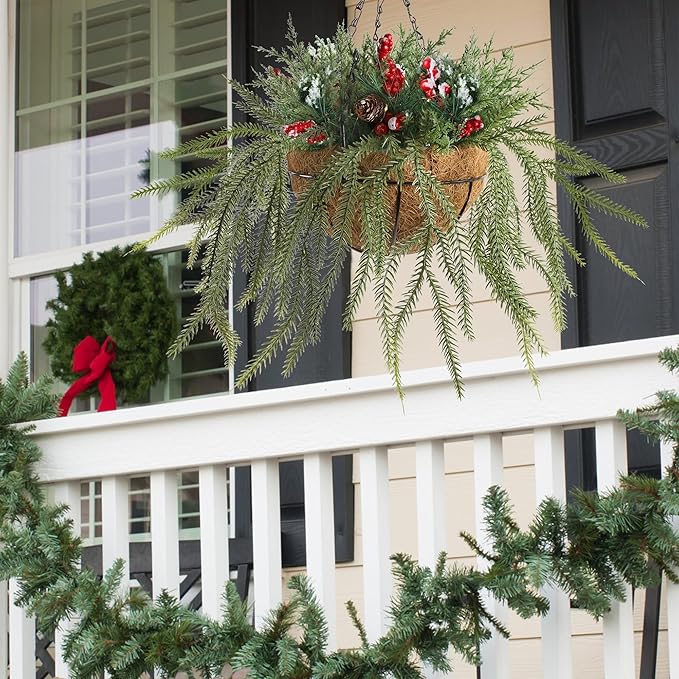 DR.DUDU Christmas Decorations Hanging Baskets, 18" Artificial Basket with Lights Timer for Outdoor Porch with Norfolk Pine Cones Berry Clusters Holiday Winter Xmas Decor for Home Front Door Yard