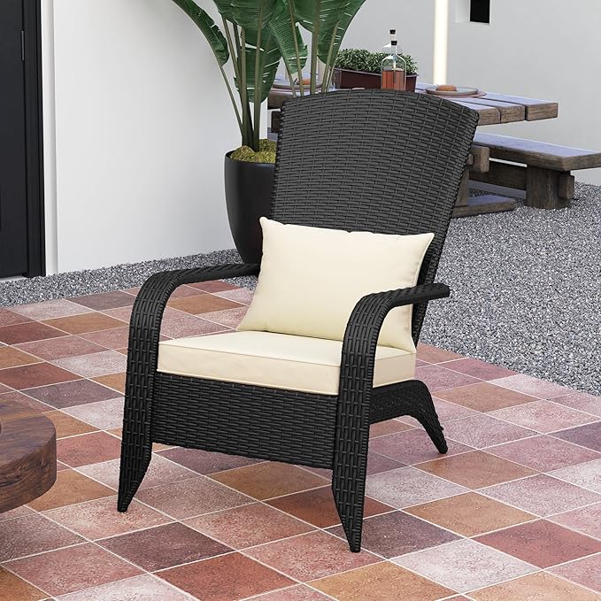 Outsunny Patio Wicker Adirondack Chair, Outdoor All-Weather Rattan Fire Pit Chair with Soft Cushions, Tall Curved Backrest and Comfortable Armrests for Deck or Garden, Deep Brown/Cream White