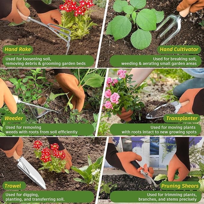22Pcs Gardening Tools Set for Women Heavy Duty Garden Hand Tool Kit Gardener Gifts for Beginner Gardening Accessories with Tote Bag/Shovel/Repotting Mat/Plant Labels/Gloves-Black