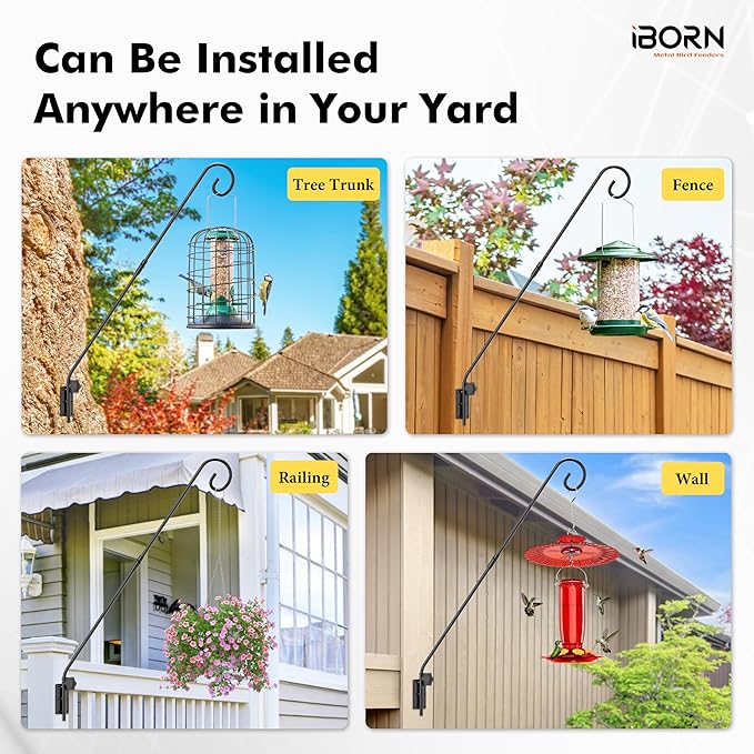iBorn Wall Mount Deck Hook, 28" Hummingbird Feeder Hanger, Heavy Duty Bird Feeder Pole for Hanging Bird Feeder, Planter, Suet Baskets, Wind Chimes, 180° Rotatable Arm, Solid Wire, Pack of 1