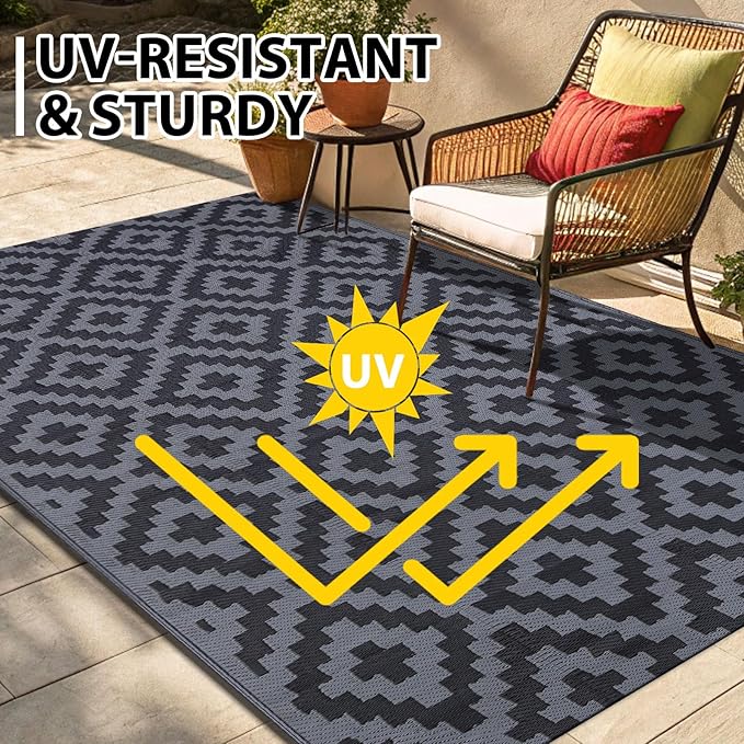 Smiry Waterproof Outdoor Rug 6x9 ft, Reversible Plastic Straw Patio Camping Rugs, Outdoor Indoor RV Mat Carpet for Patio, Outside Entry, Backyard, Deck, Bench, Picnic, Camper, Black & Grey