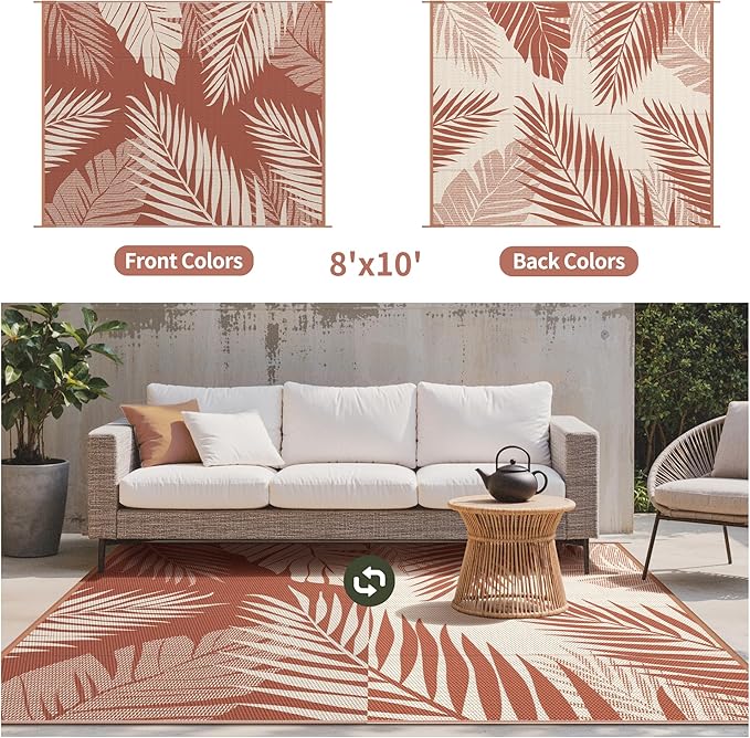 GENIMO Outdoor Rug 8' x 10' Waterproof for Patios Clearance, Reversible Plastic Straw Camping Carpet, Large Area Rugs Mats for RV, Picnic, Backyard, Deck, Balcony, Porch, Beach, Brick&Red