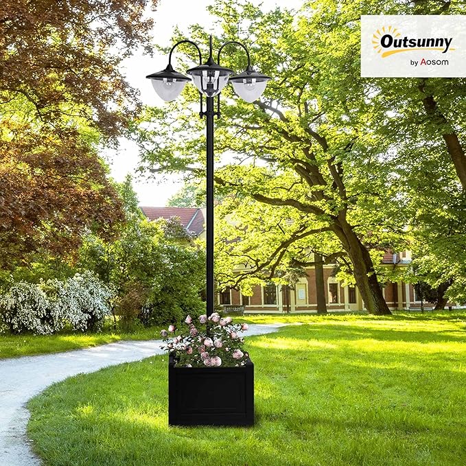 Outsunny 74.5" 3-Head Solar Lamp Post Light with Planter, Solar Pole Lights Outdoor Waterproof LED Lighting for Backyard Pathway Patio Lawn Driveway Decor, Black