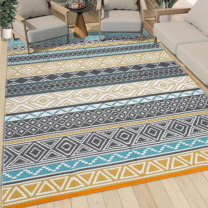 GarveeLife Extra Large Waterproof Outdoor Rug 10x20 UV Resistant Reversible Plastic Straw Rug Modern Geometric Outdoor Patio Rugs for Balcony Backyard, Teal & Yellow