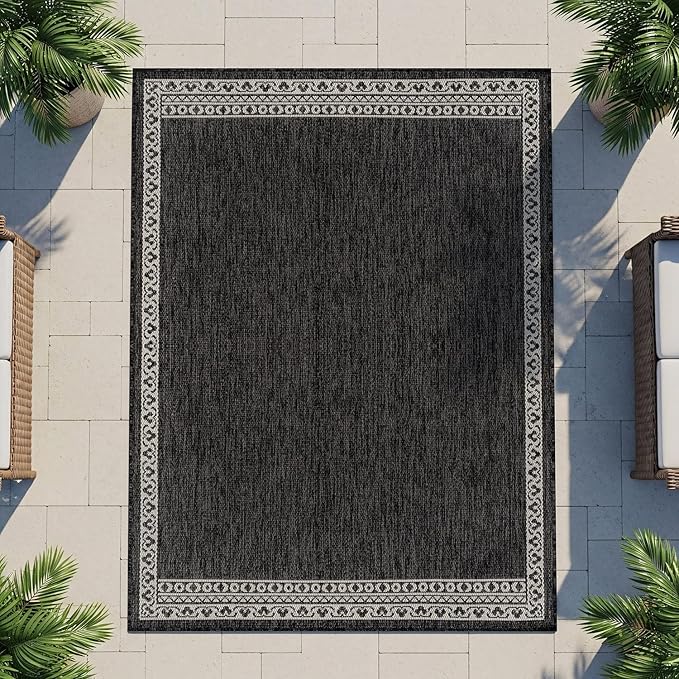 Washable Outdoor Rug 8x10 Modern Area Rugs Outdoor Carpets Bordered Pattern Non Shedding Waterproof Easy Clean Patio Deck Porch Living Room Bedroom Garden RV (8 X 10 Dark Gray)