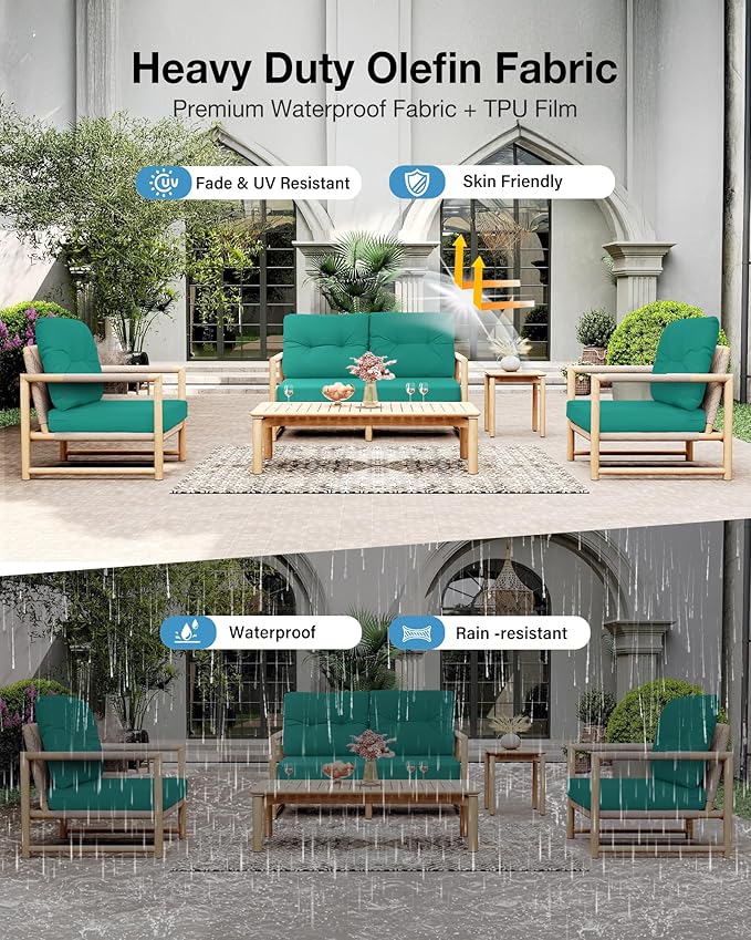 YEFU 24x24 Outdoor Cushions for Patio Furniture: Waterproof Fade Resistant Outdoor Seat Cushions Set of 2 - Olefin Deep Seat Paio Cushion Pads Replacement with Ties for Chair Sofa Couch(Teal)