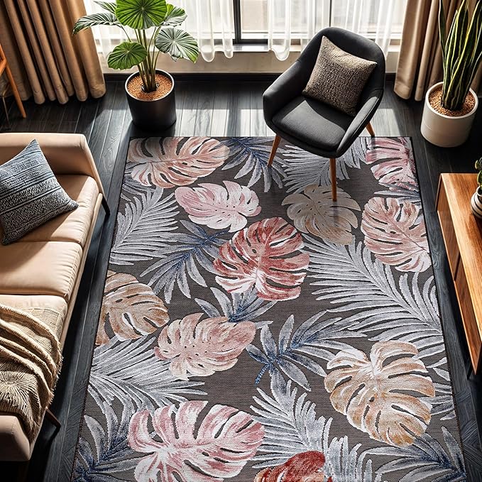 CAMILSON Indoor Outdoor Rug, Brown 5x7 Leaf Tropical Botanical Area Rugs for Indoor and Outdoor patios, Easy-Cleaning Non-Shedding Living Room, Garden and Kitchen Washable Outside Carpet (5 x 7)