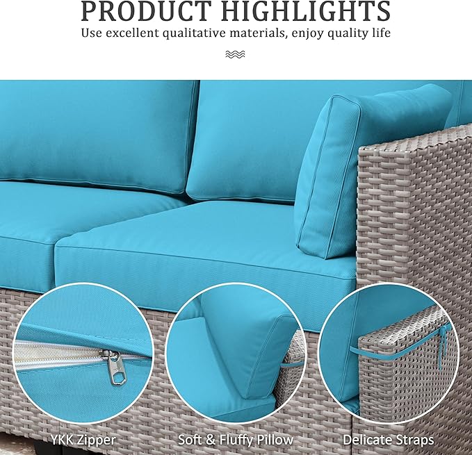 Outdoor Furniture Replacement Cushions, Waterproof Patio Furniture Cushions, 4" Deep Seat Outdoor Sectional Cushion for 3-Seat Outdoors Rattan Sofa Patio Sofa Cushion, Lake Blue