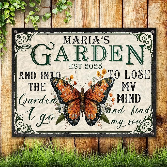 Custom Garden Signs Personalized Metal Tin Sign for Women, Retro Funny Butterfly Metal Sign for Outdoor, Patio, Yard Rustic Home Decor Gift for Mothers Day, Grandmas, and Gardening Lovers